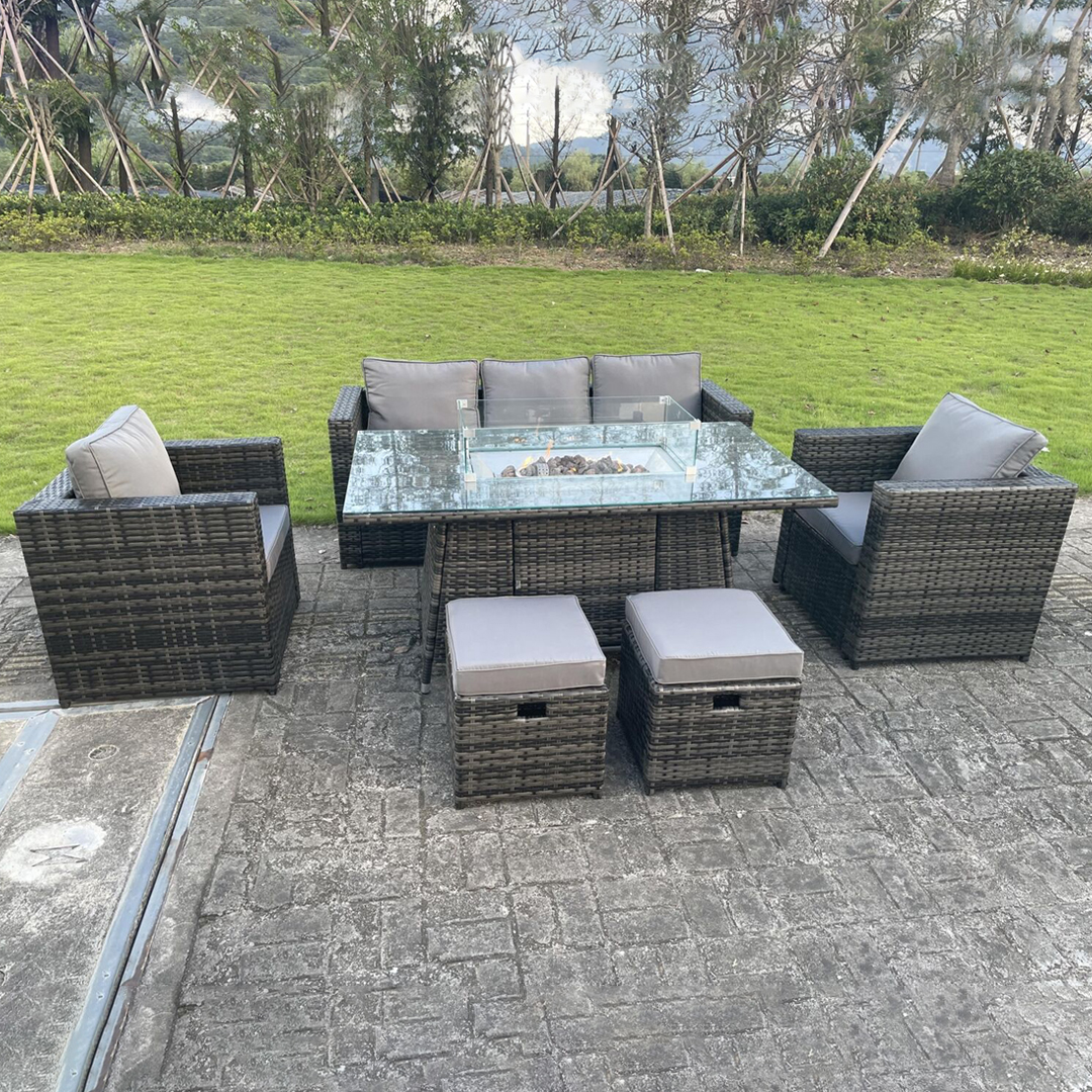 7 Seater Rattan Garden Furniture Set with Fire Pit Table - Paragon
